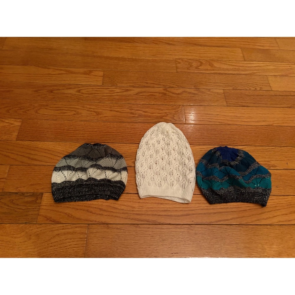 Apt 9 Womens Knit Beanie Bundle 3pc Metallic Chevron and White Pointelle Hat Set
